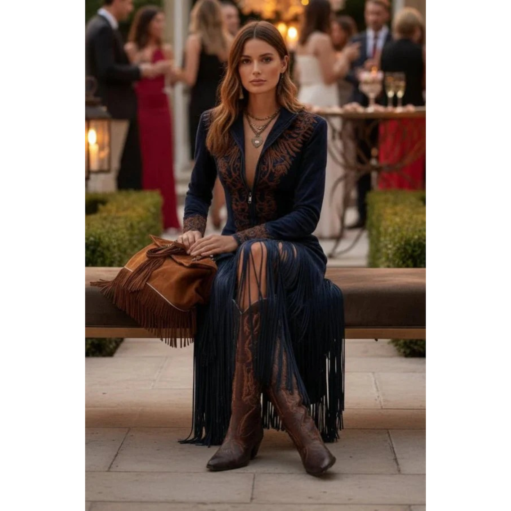 Isabella | Damen Western Maxikleid Mit Fransen