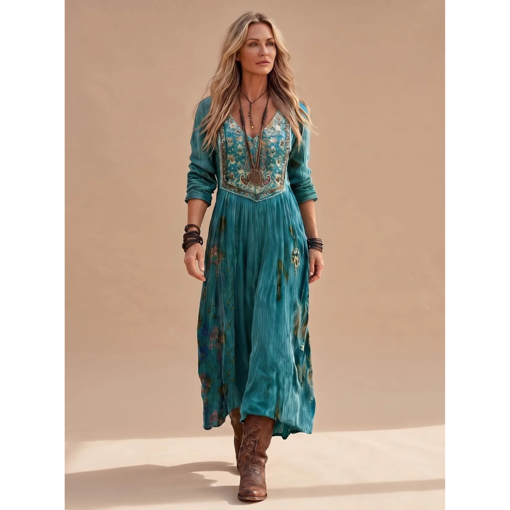 Isadora | Damen Grun Boho Maxikleid mit Langarm, V Ausschnitt und Vintage Muster