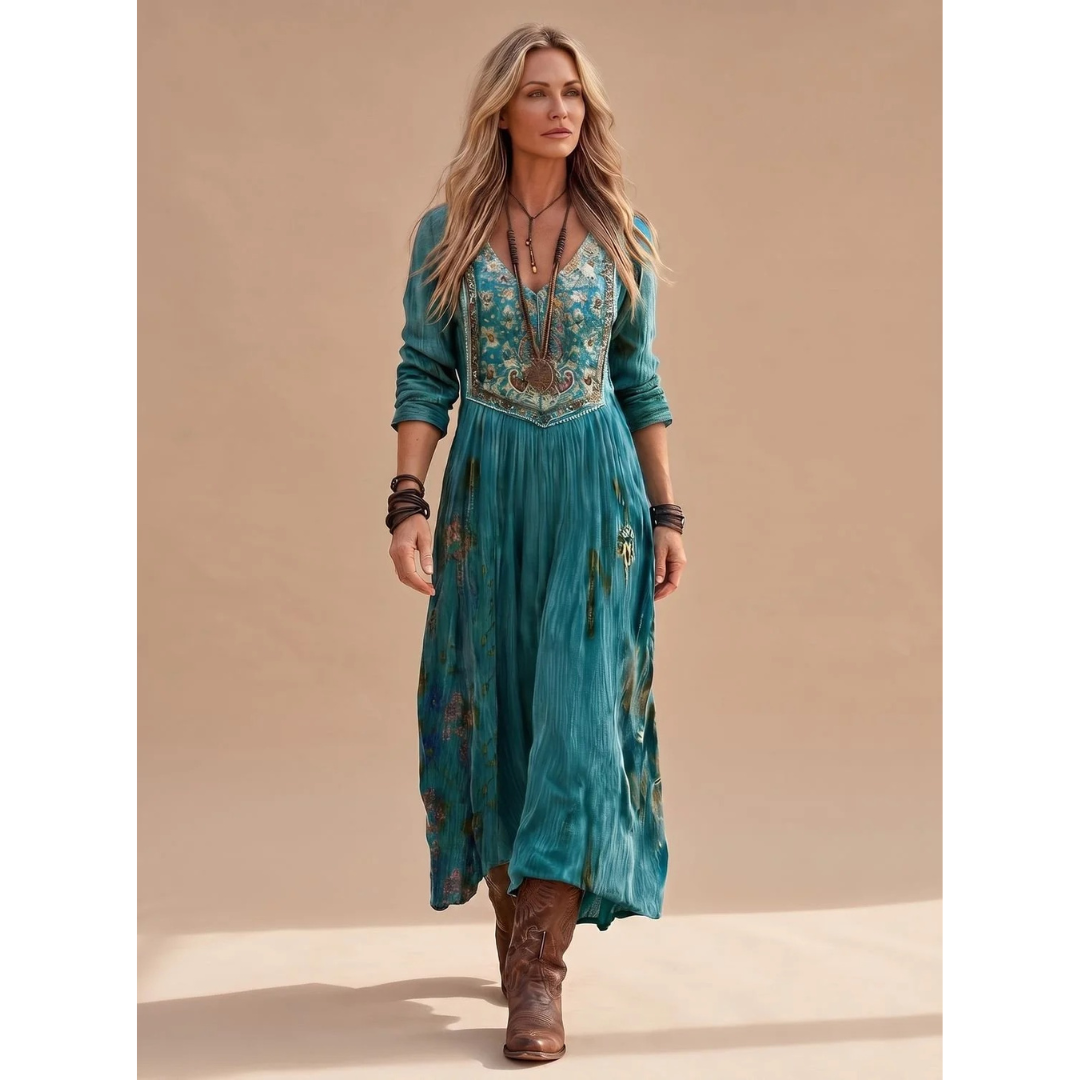 Isadora | Damen Grun Boho Maxikleid mit Langarm, V Ausschnitt und Vintage Muster
