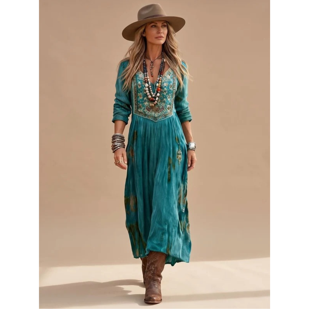Isadora | Damen Grun Boho Maxikleid mit Langarm, V Ausschnitt und Vintage Muster