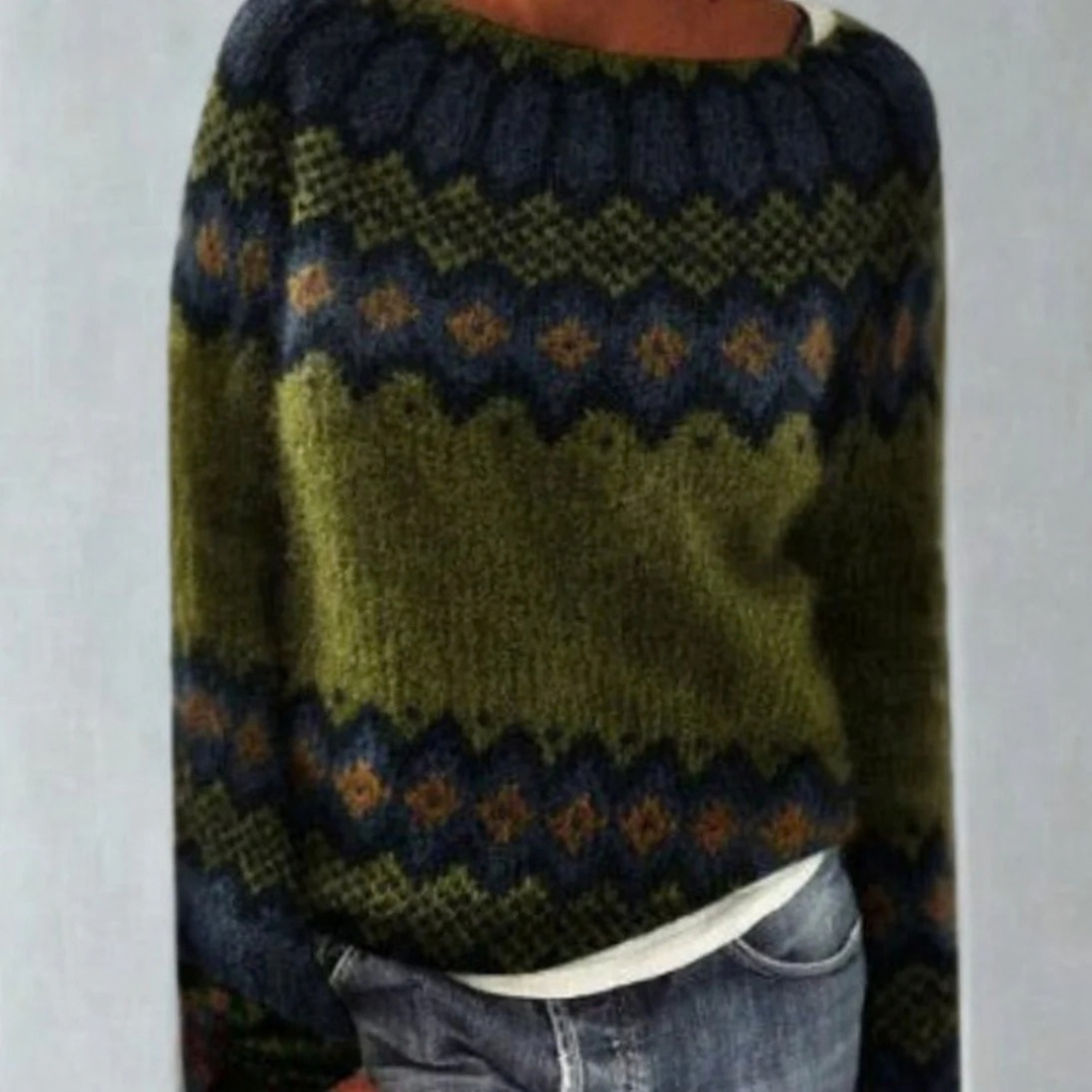 Jasmin | Damen Retro Pullover mit Norweger Muster und Strick