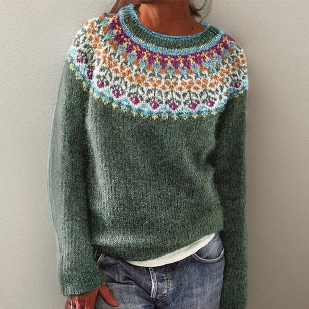 Jasmina | Damen Grüner Vintage Pullover mit Blumen