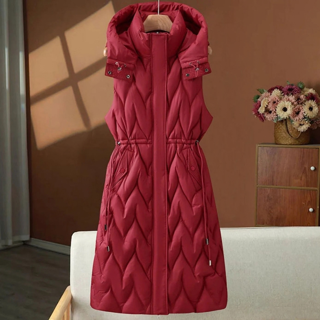 Jasmina | Damen Lange Steppweste Bodywarmer mit Kapuze und Kordelzug
