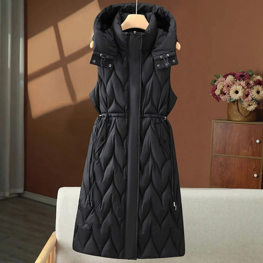 Jasmina | Damen Lange Steppweste Bodywarmer mit Kapuze und Kordelzug