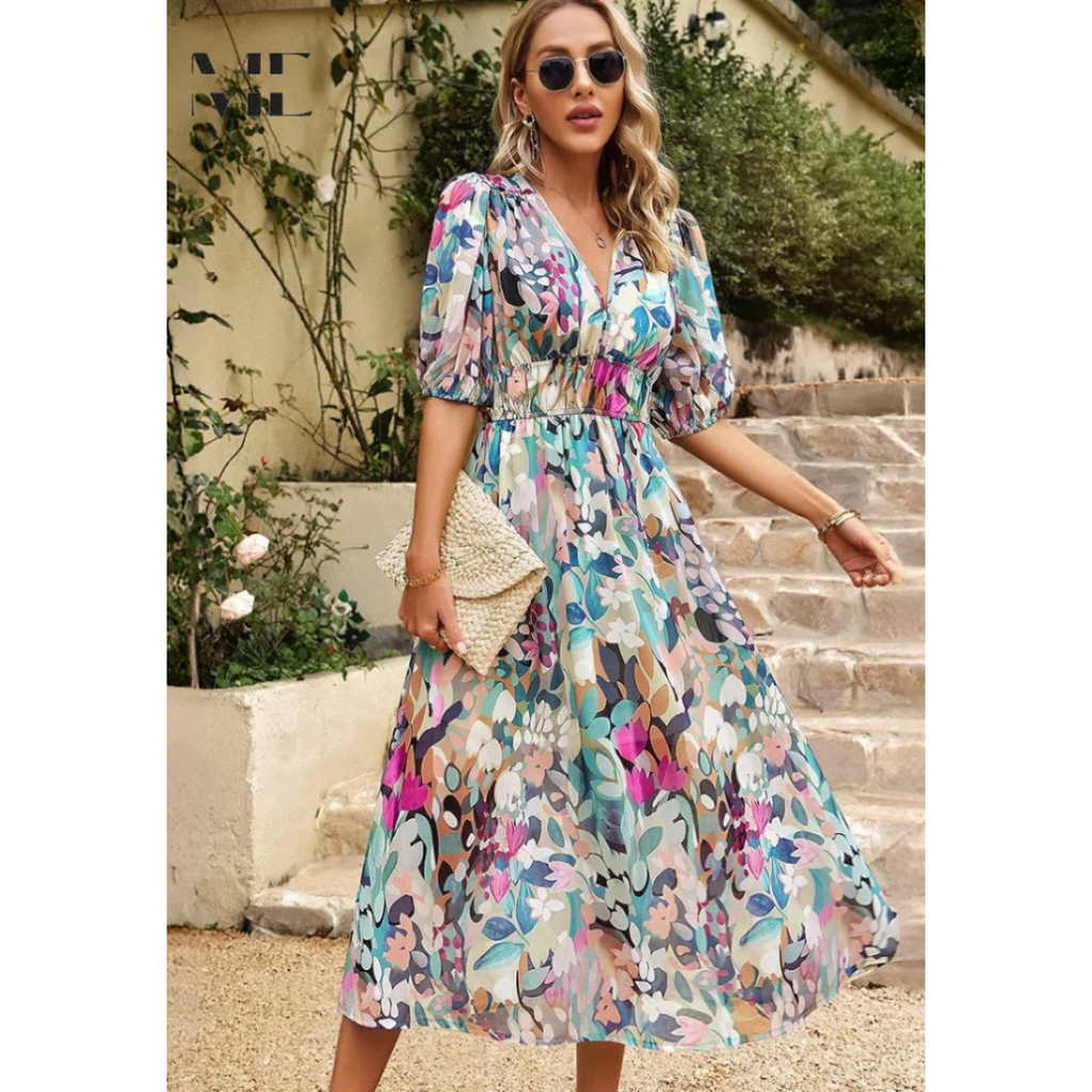 Jasmine | Damen Sommerkleid Floral V-Ausschnitt Midi Elegant