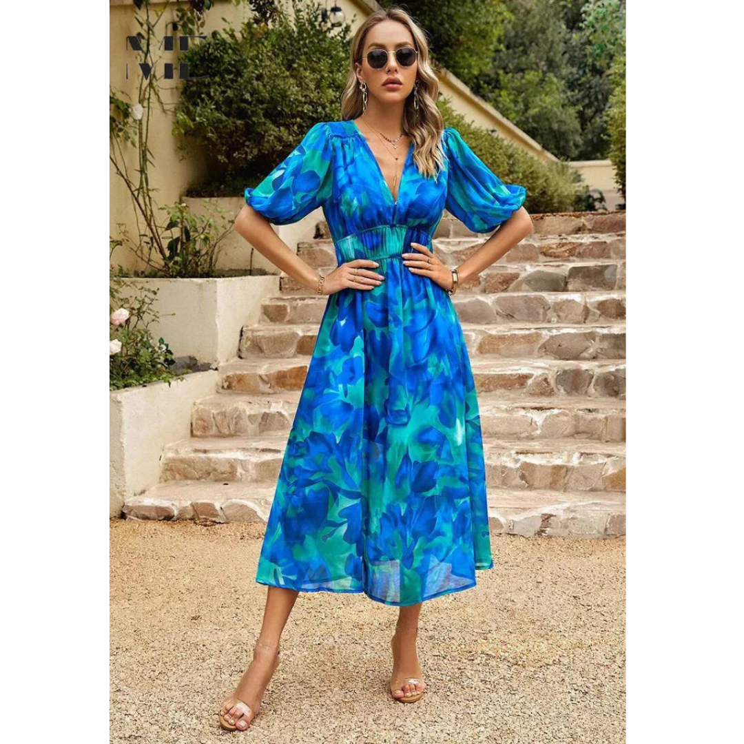 Jasmine | Damen Sommerkleid Floral V-Ausschnitt Midi Elegant