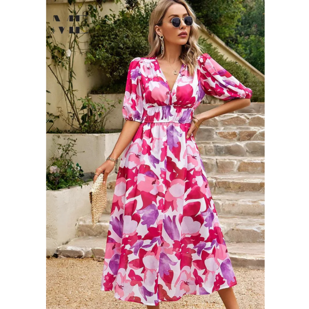 Jasmine | Damen Sommerkleid Floral V-Ausschnitt Midi Elegant