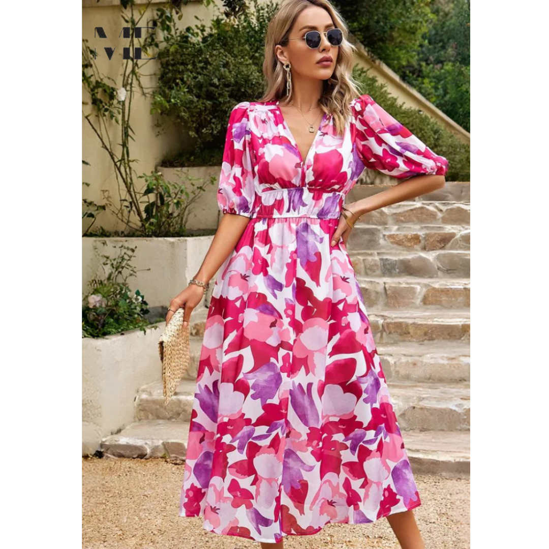 Jasmine | Damen Sommerkleid Floral V-Ausschnitt Midi Elegant