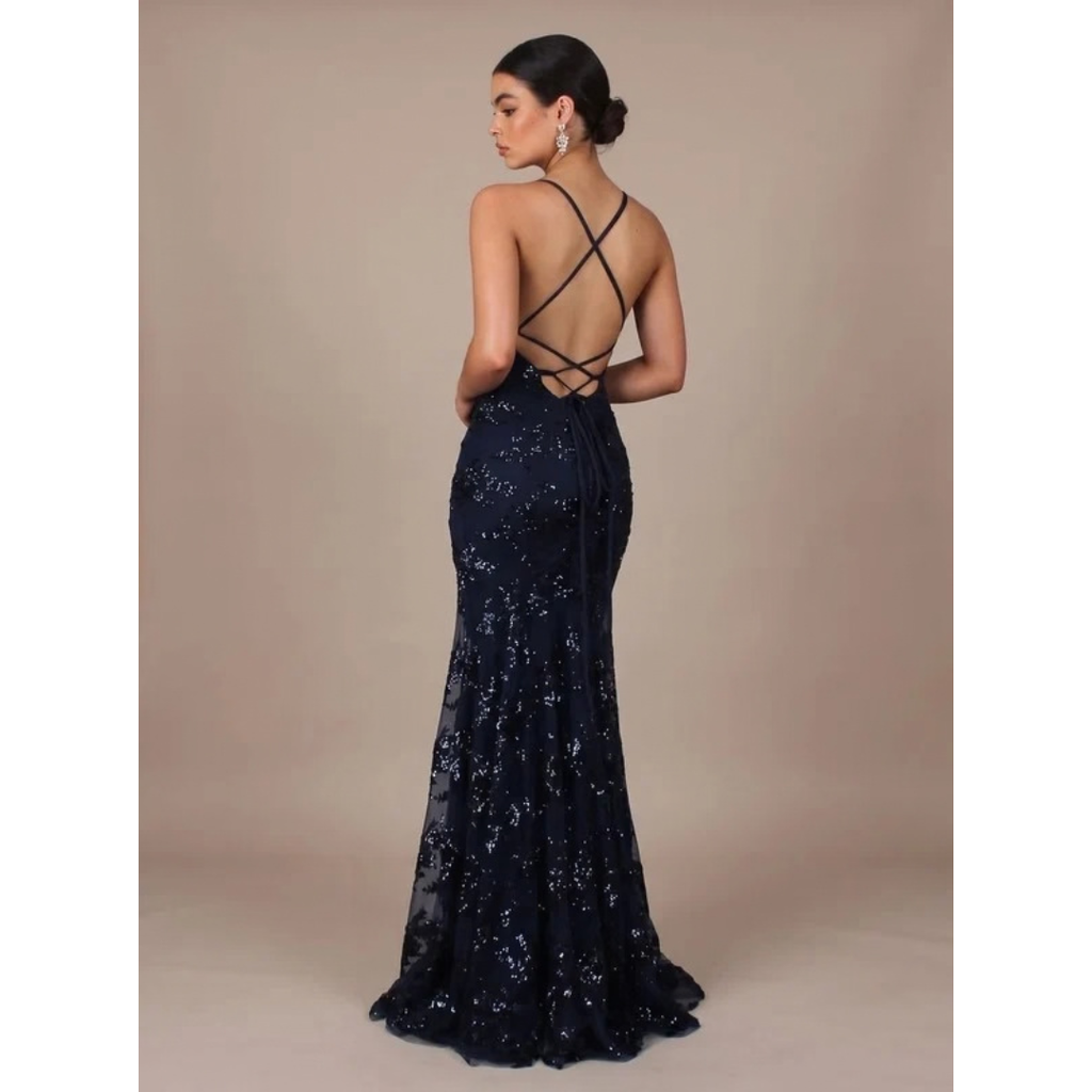 Jette | Damen Maxi Kleid mit V-Ausschnitt und offener Rückseite