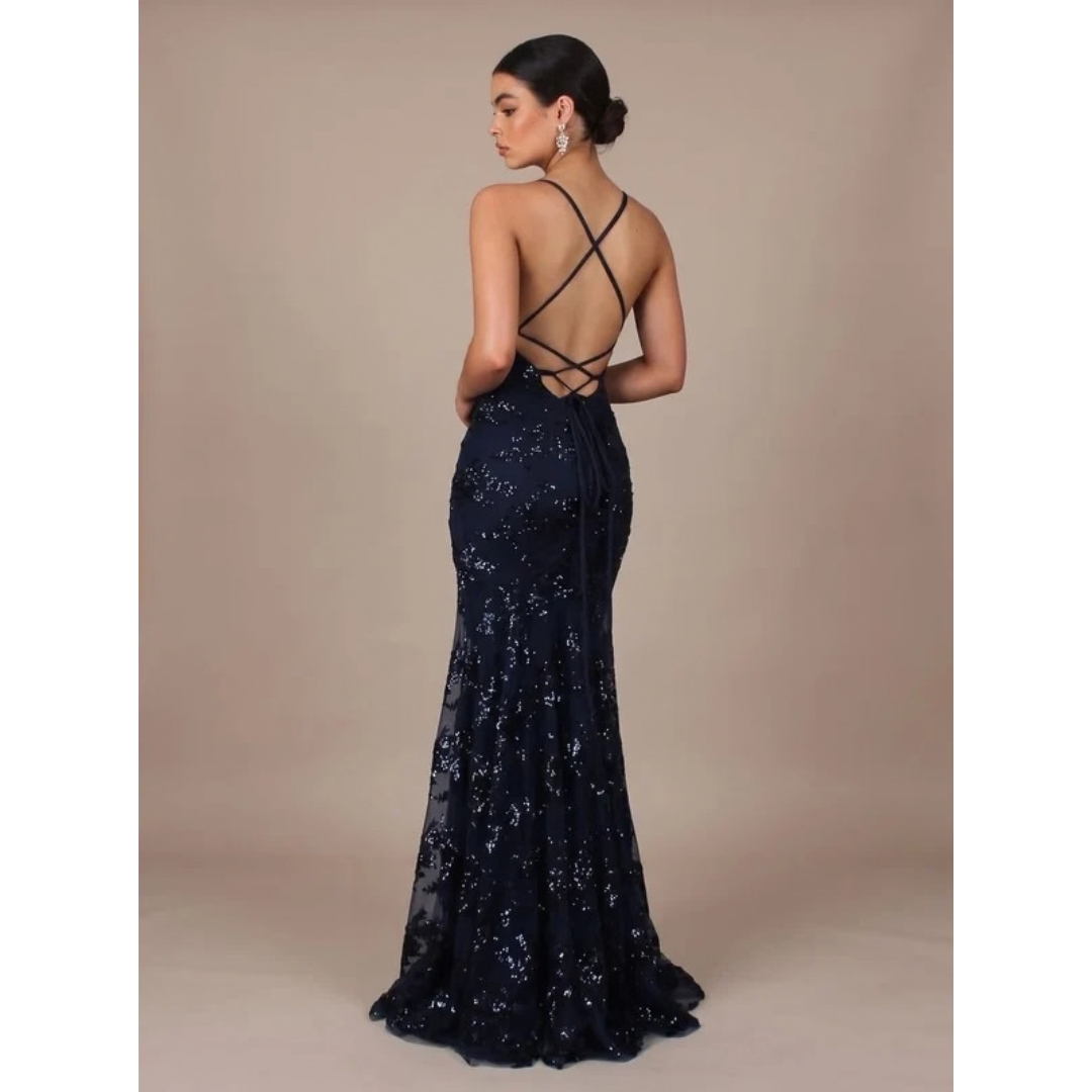 Jette | Damen Maxi Kleid mit V-Ausschnitt und offener Rückseite