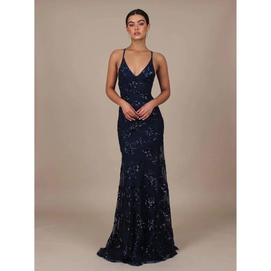 Jette | Damen Maxi Kleid mit V-Ausschnitt und offener Rückseite