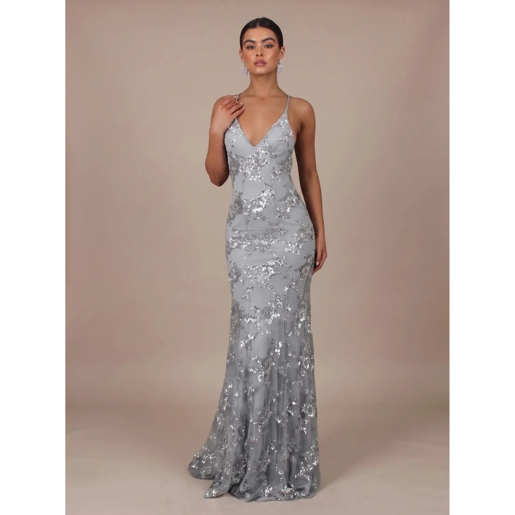 Jette | Damen Maxi Kleid mit V-Ausschnitt und offener Rückseite