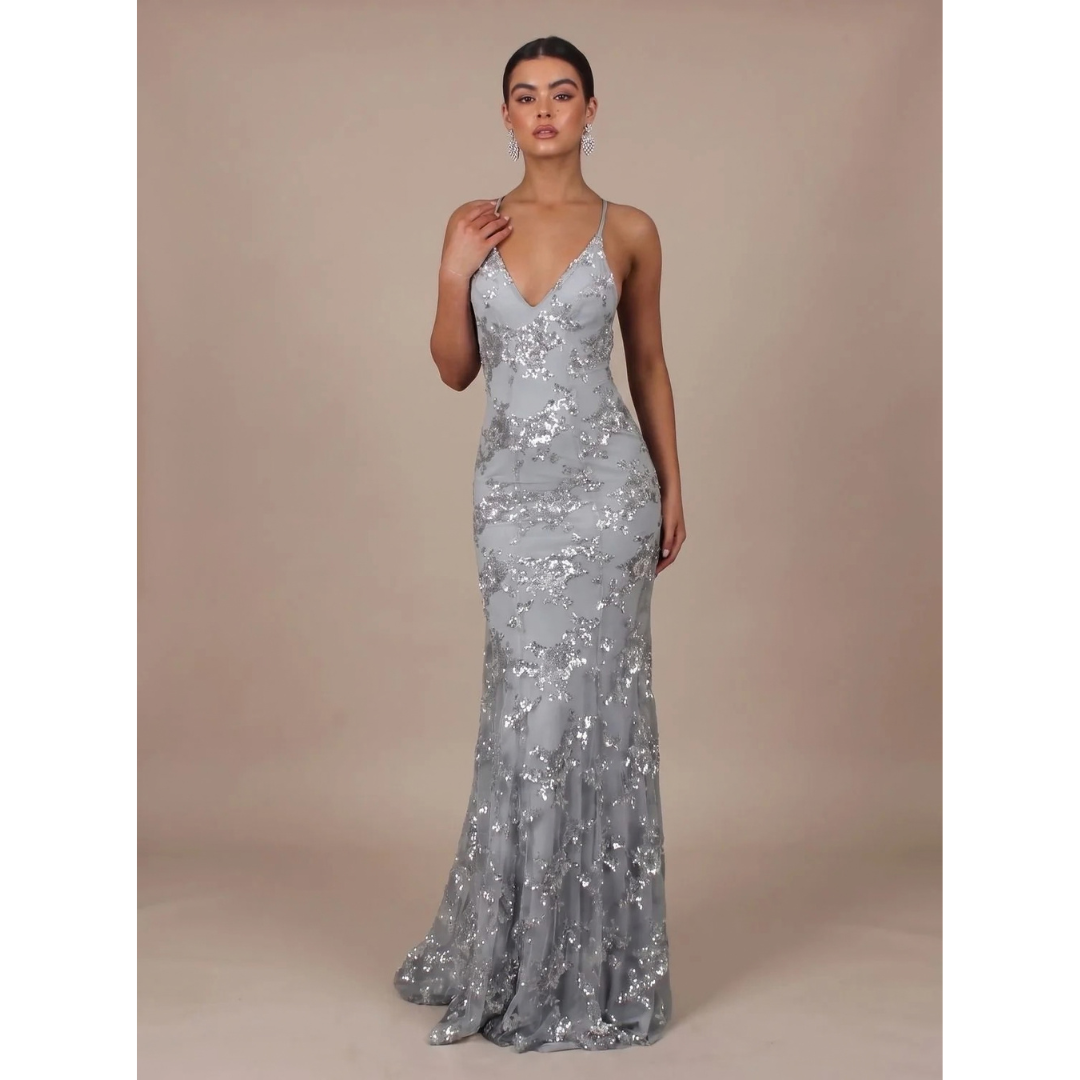 Jette | Damen Maxi Kleid mit V-Ausschnitt und offener Rückseite