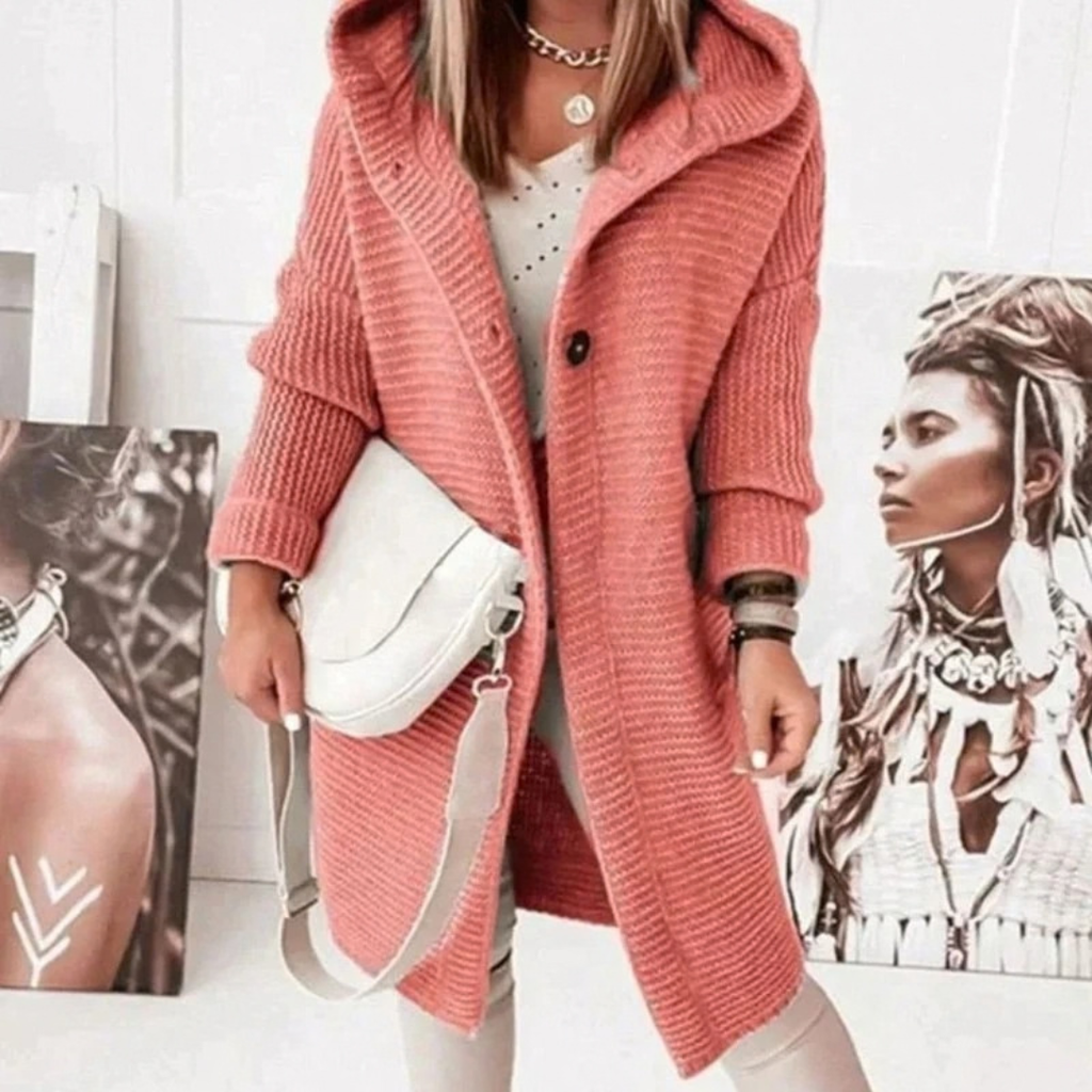 Josie | Damen Lange Strickjacke mit Kapuze, Knöpfen und Struktur