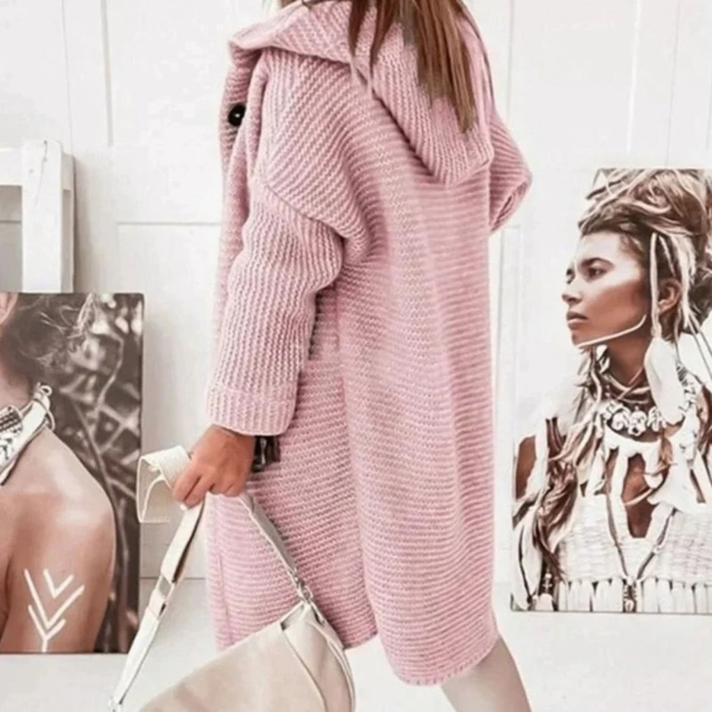 Josie | Damen Lange Strickjacke mit Kapuze, Knöpfen und Struktur