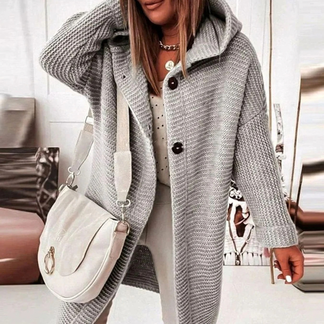 Josie | Damen Lange Strickjacke mit Kapuze, Knöpfen und Struktur