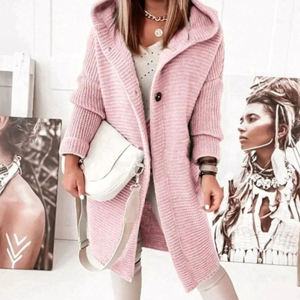 Josie | Damen Lange Strickjacke mit Kapuze, Knöpfen und Struktur