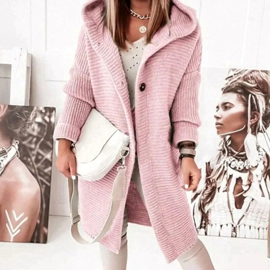 Josie | Damen Lange Strickjacke mit Kapuze, Knöpfen und Struktur