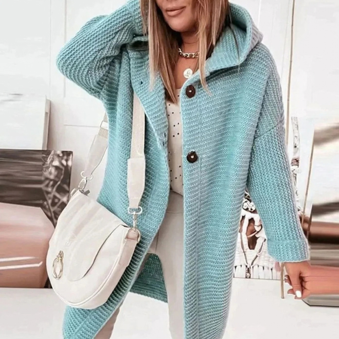 Josie | Damen Lange Strickjacke mit Kapuze, Knöpfen und Struktur