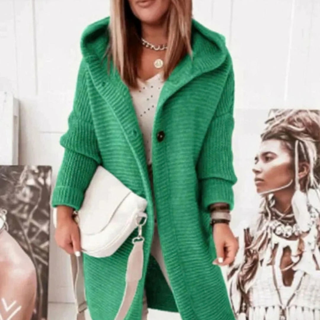 Josie | Damen Lange Strickjacke mit Kapuze, Knöpfen und Struktur
