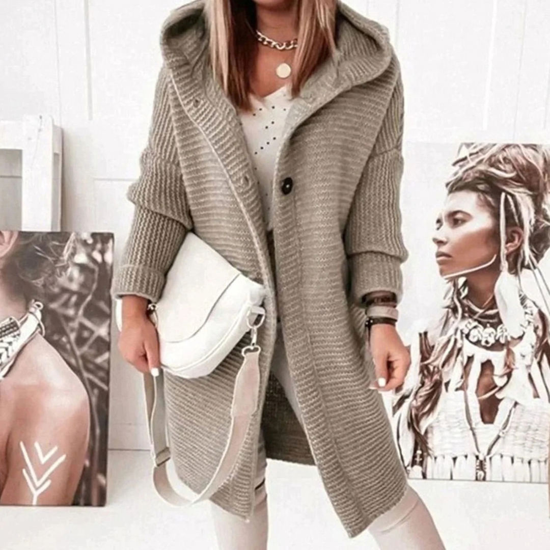 Josie | Damen Lange Strickjacke mit Kapuze, Knöpfen und Struktur