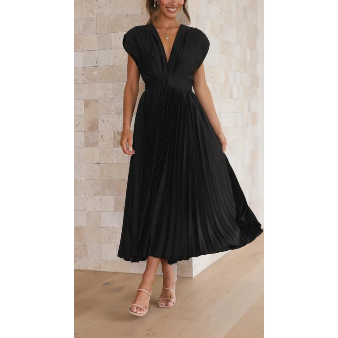 Kaitlyn | Damen Kleid Hochzeitsgast Midi V-Ausschnitt Elegant Plissee