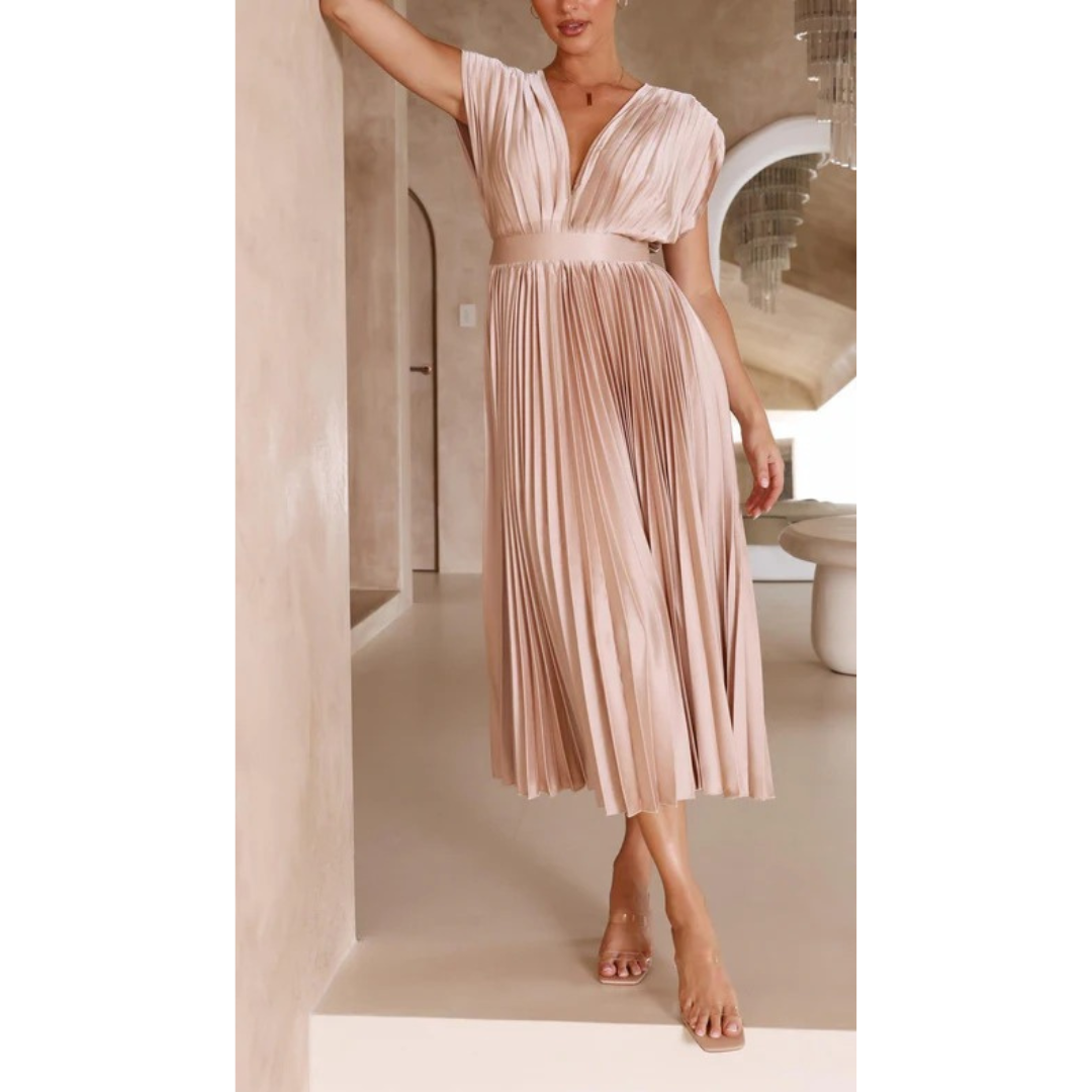 Kaitlyn | Damen Kleid Hochzeitsgast Midi V-Ausschnitt Elegant Plissee