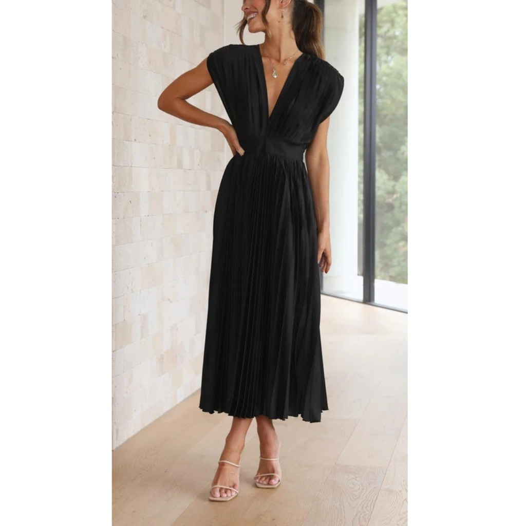 Kaitlyn | Damen Kleid Hochzeitsgast Midi V-Ausschnitt Elegant Plissee
