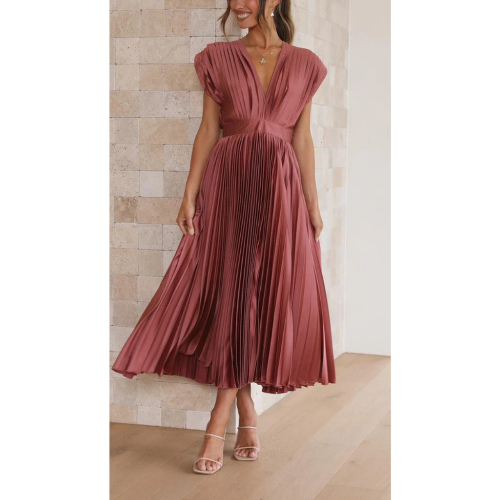 Kaitlyn | Damen Kleid Hochzeitsgast Midi V-Ausschnitt Elegant Plissee
