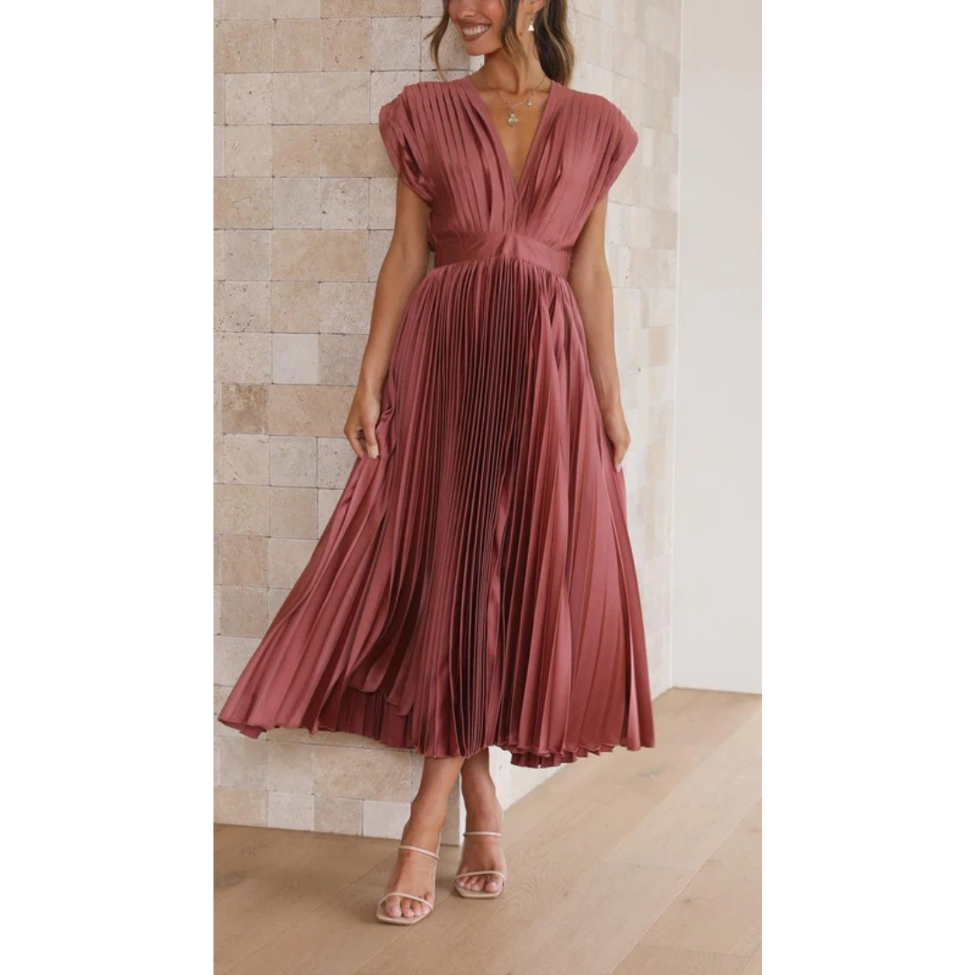 Kaitlyn | Damen Kleid Hochzeitsgast Midi V-Ausschnitt Elegant Plissee