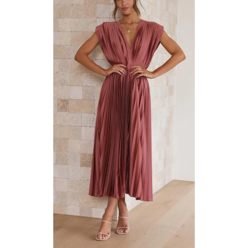 Kaitlyn | Damen Kleid Hochzeitsgast Midi V-Ausschnitt Elegant Plissee