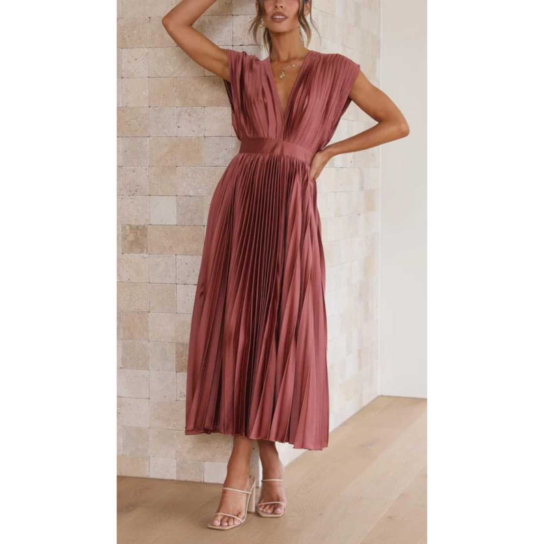 Kaitlyn | Damen Kleid Hochzeitsgast Midi V-Ausschnitt Elegant Plissee