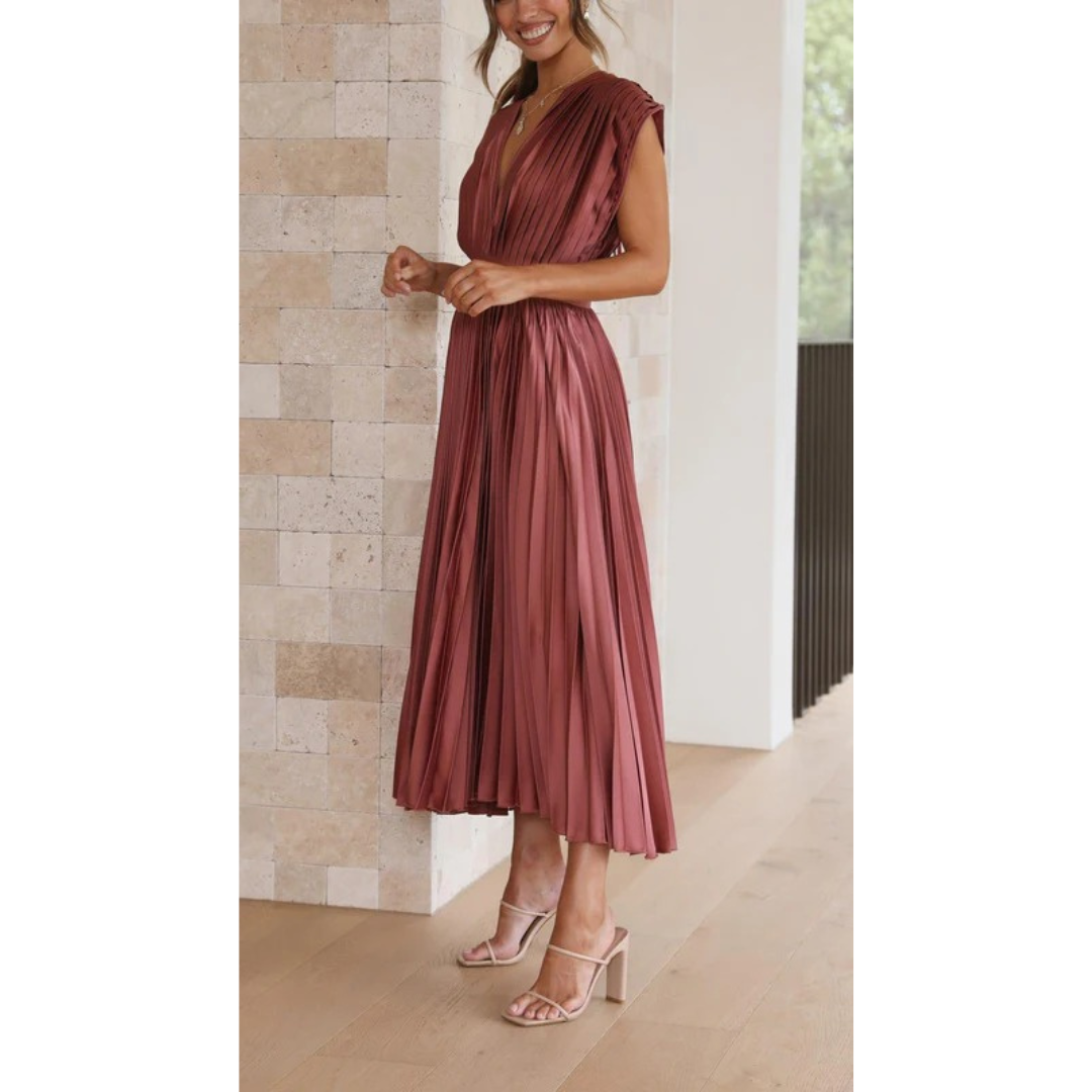 Kaitlyn | Damen Kleid Hochzeitsgast Midi V-Ausschnitt Elegant Plissee