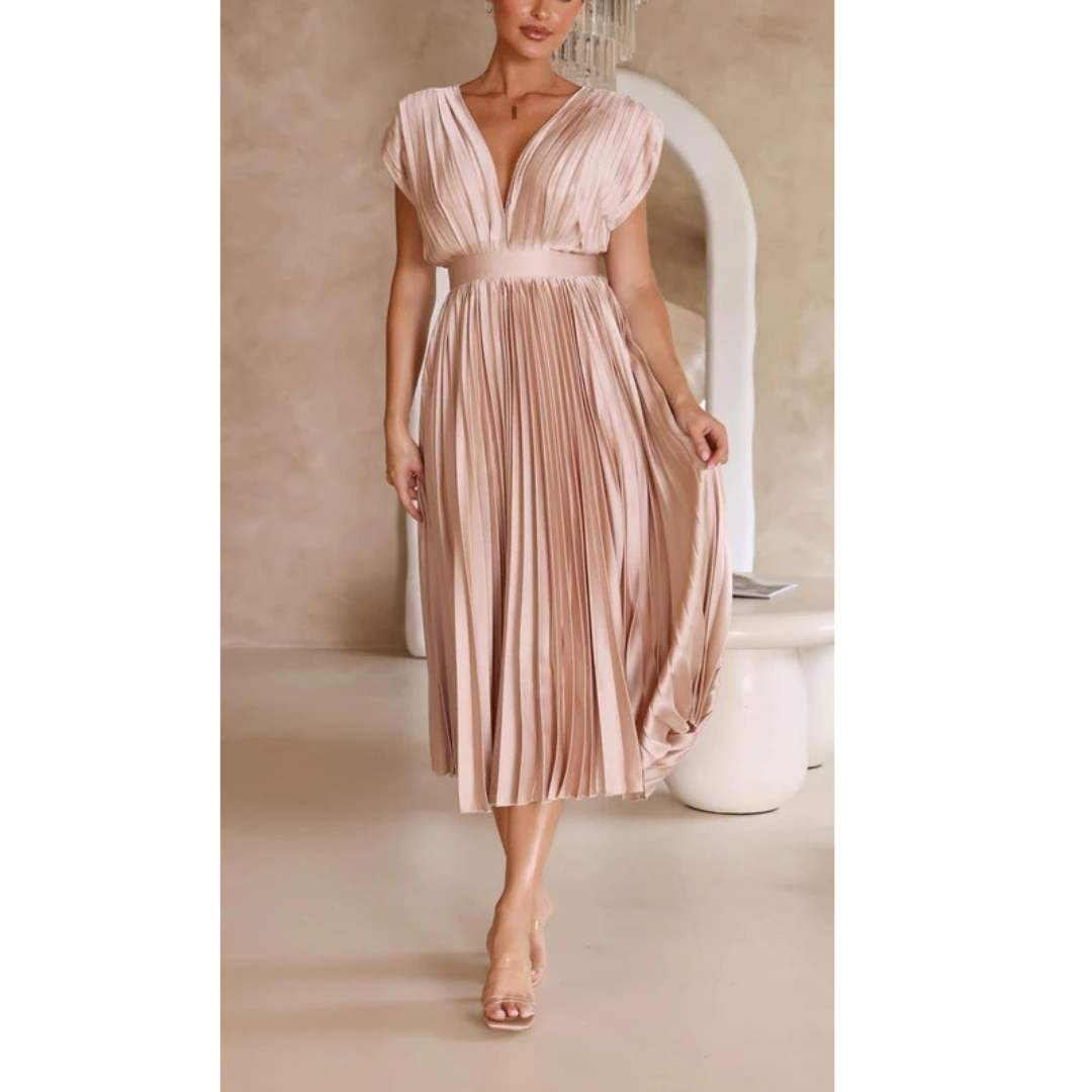 Kaitlyn | Damen Kleid Hochzeitsgast Midi V-Ausschnitt Elegant Plissee
