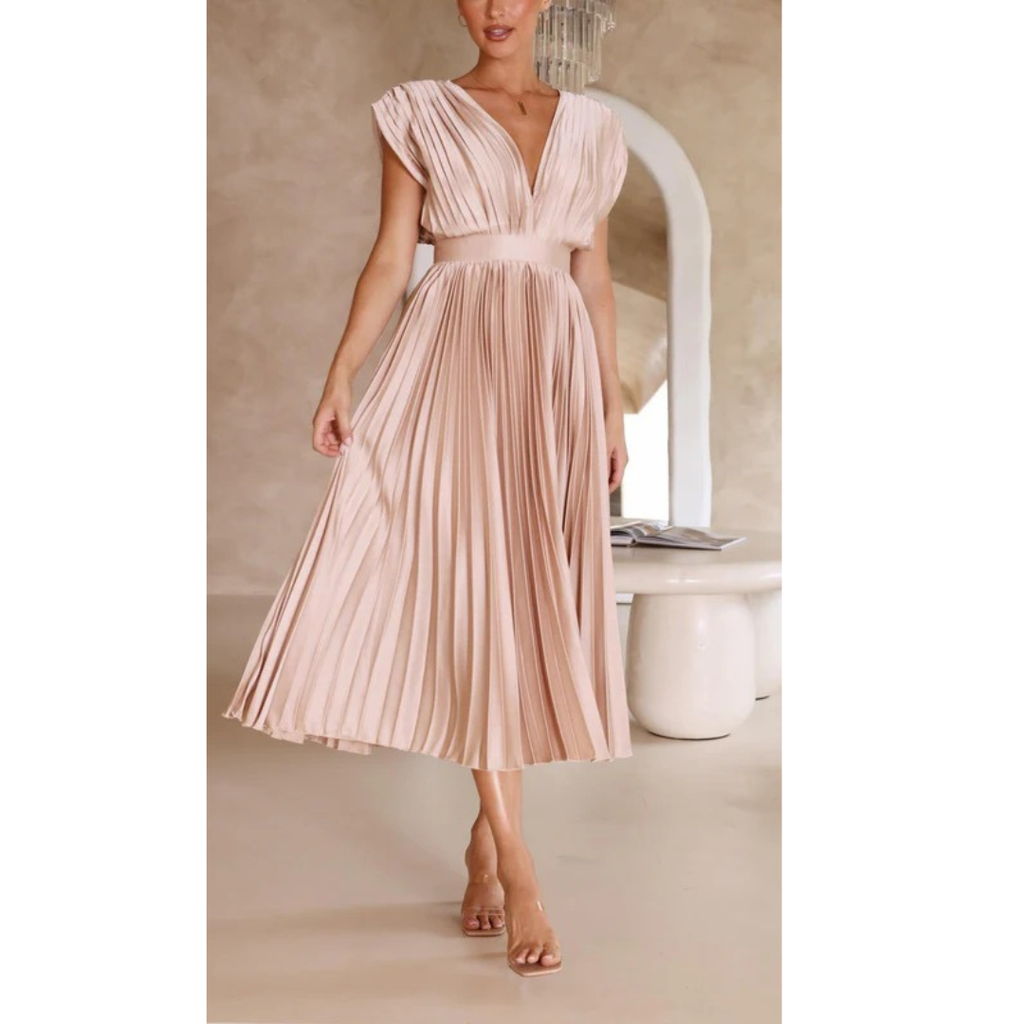 Kaitlyn | Damen Kleid Hochzeitsgast Midi V-Ausschnitt Elegant Plissee