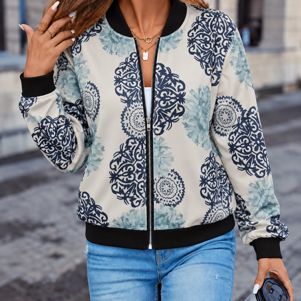 Karina | Damen Jacke mit Blumen Design und Reißverschluss