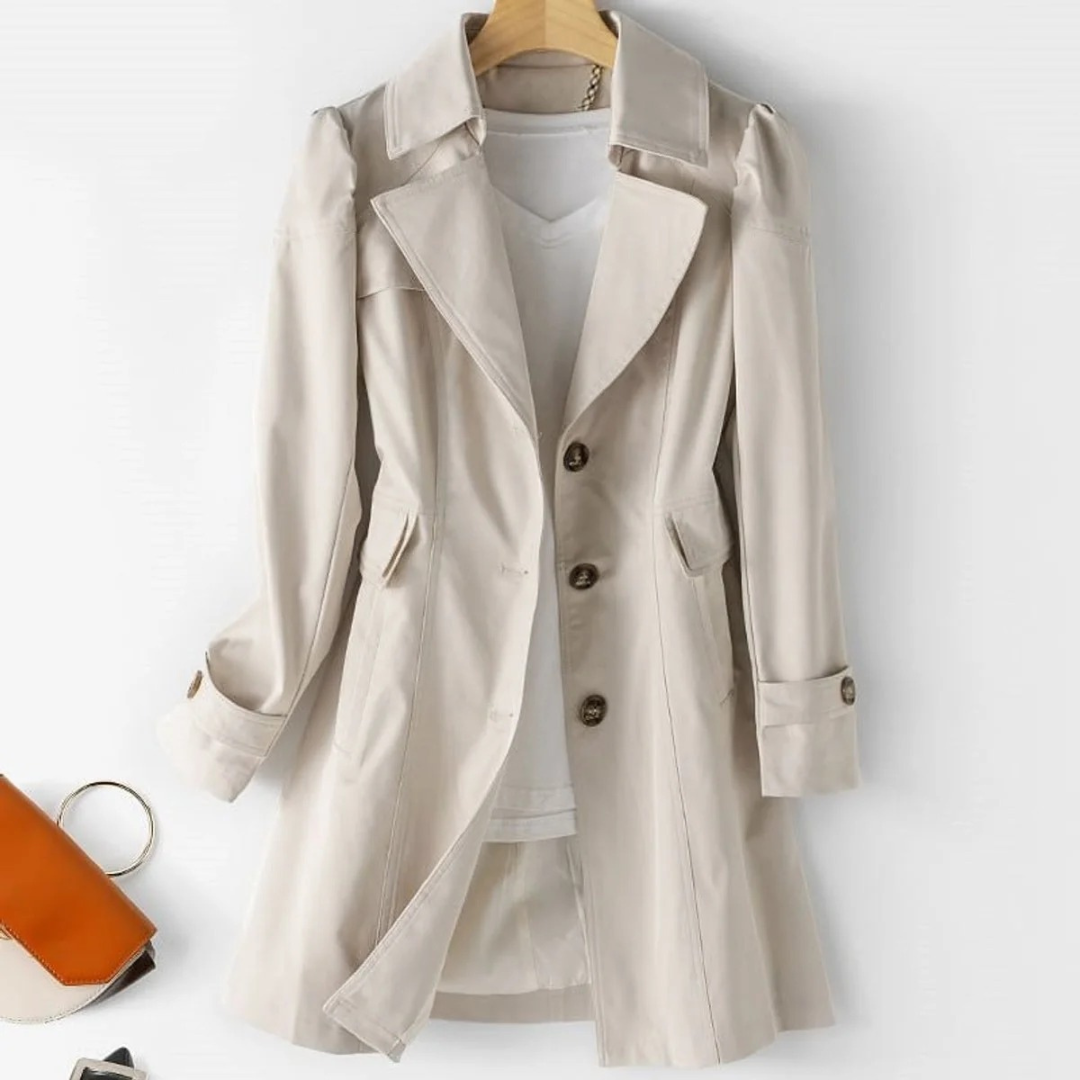 Karla | Damen Trenchcoat mit Knöpfen, Langer Schnitt mit Schmaler Form und Auffälliger Optik