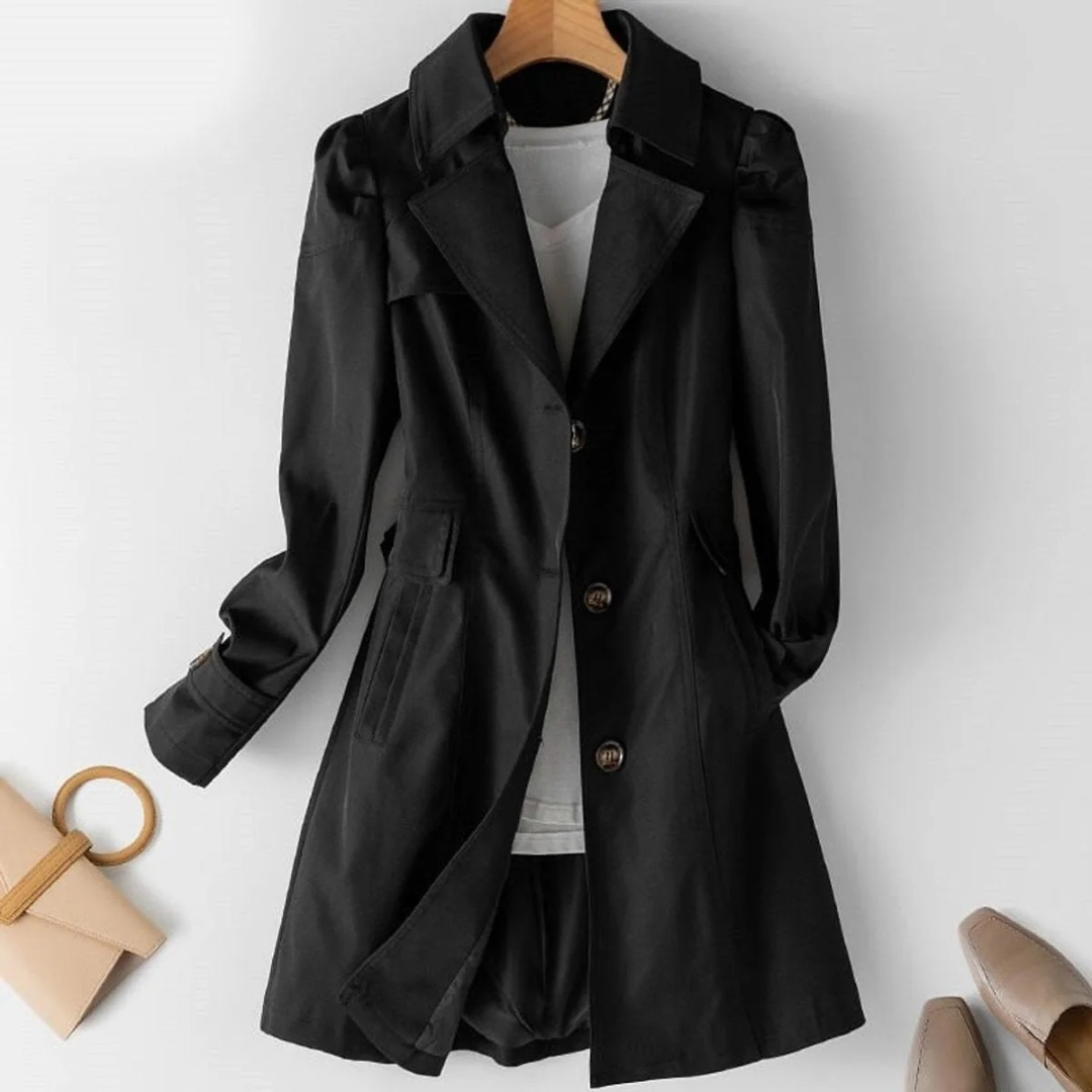 Karla | Damen Trenchcoat mit Knöpfen, Langer Schnitt mit Schmaler Form und Auffälliger Optik