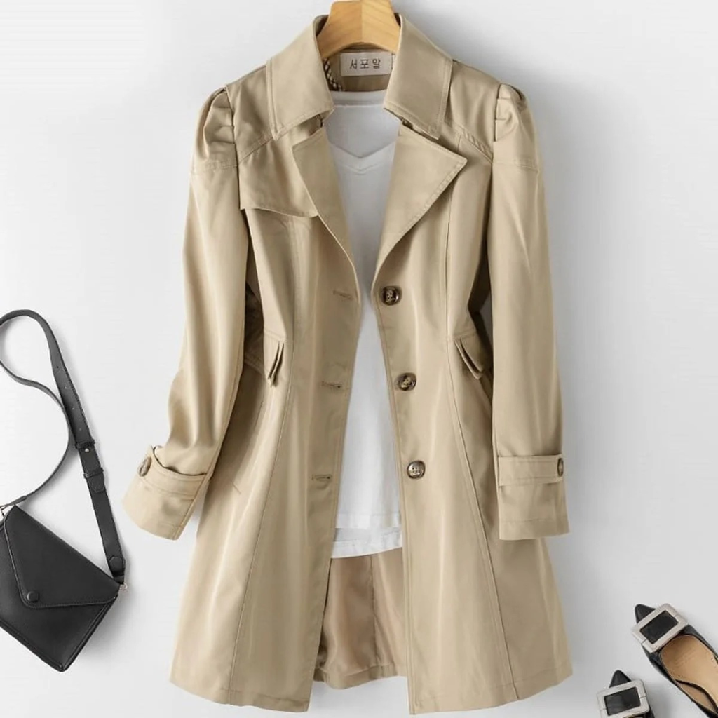 Karla | Damen Trenchcoat mit Knöpfen, Langer Schnitt mit Schmaler Form und Auffälliger Optik