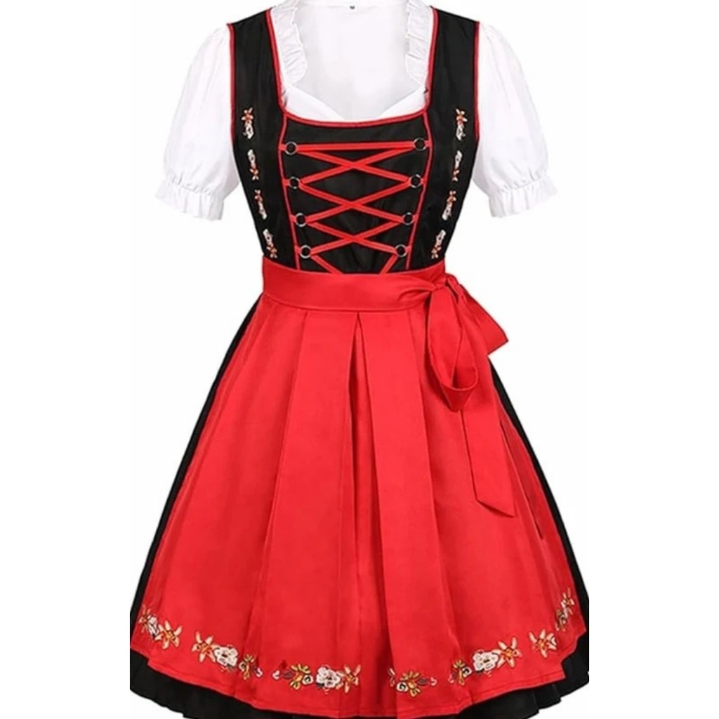 Karolina | Damen Trachtenkleid Für Oktoberfest Mit Rotem Design Und Schwarzem Oberteil