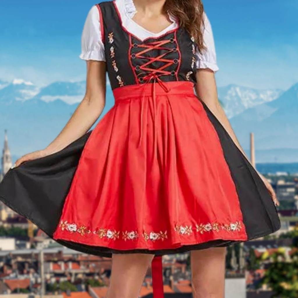 Karolina | Damen Trachtenkleid Für Oktoberfest Mit Rotem Design Und Schwarzem Oberteil