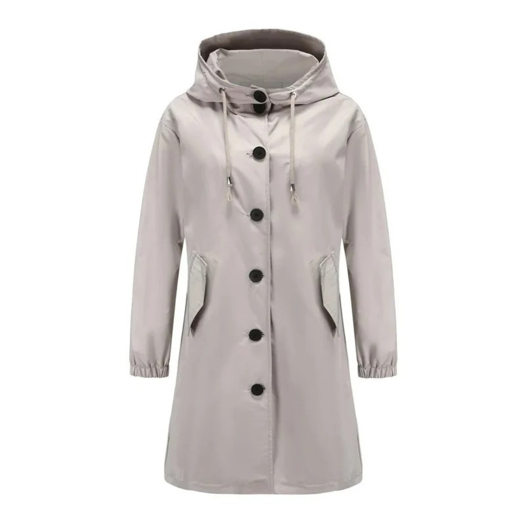 Karoline | Damen Regenjacke Wasserdicht mit Kapuze, Langer Mantel mit Taschen und Knöpfen