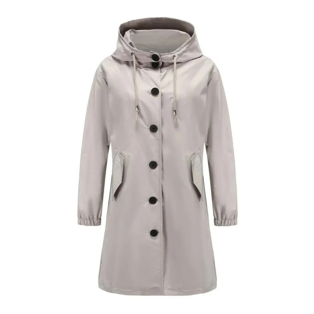 Karoline | Damen Regenjacke Wasserdicht mit Kapuze, Langer Mantel mit Taschen und Knöpfen