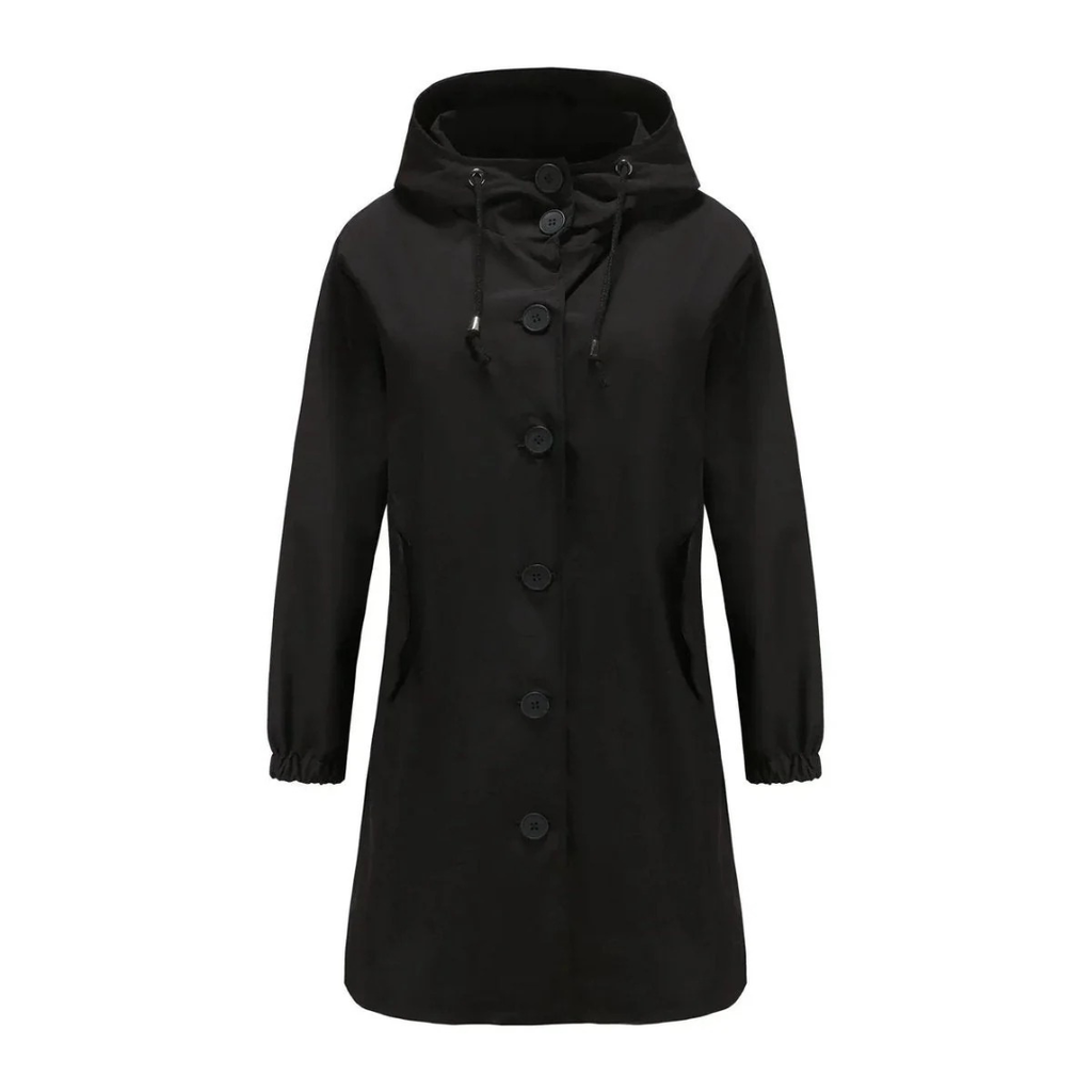 Karoline | Damen Regenjacke Wasserdicht mit Kapuze, Langer Mantel mit Taschen und Knöpfen