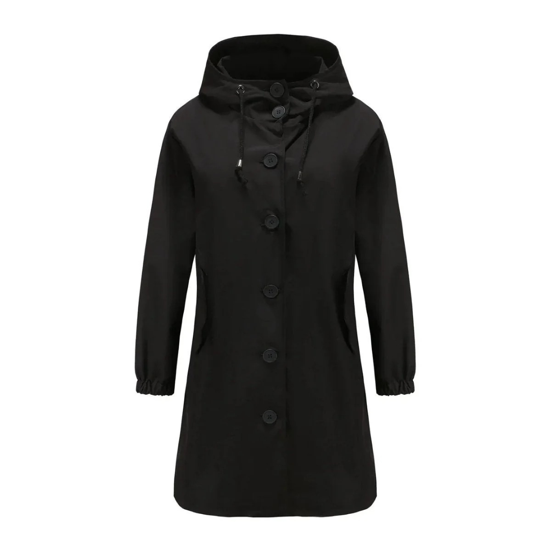 Karoline | Damen Regenjacke Wasserdicht mit Kapuze, Langer Mantel mit Taschen und Knöpfen