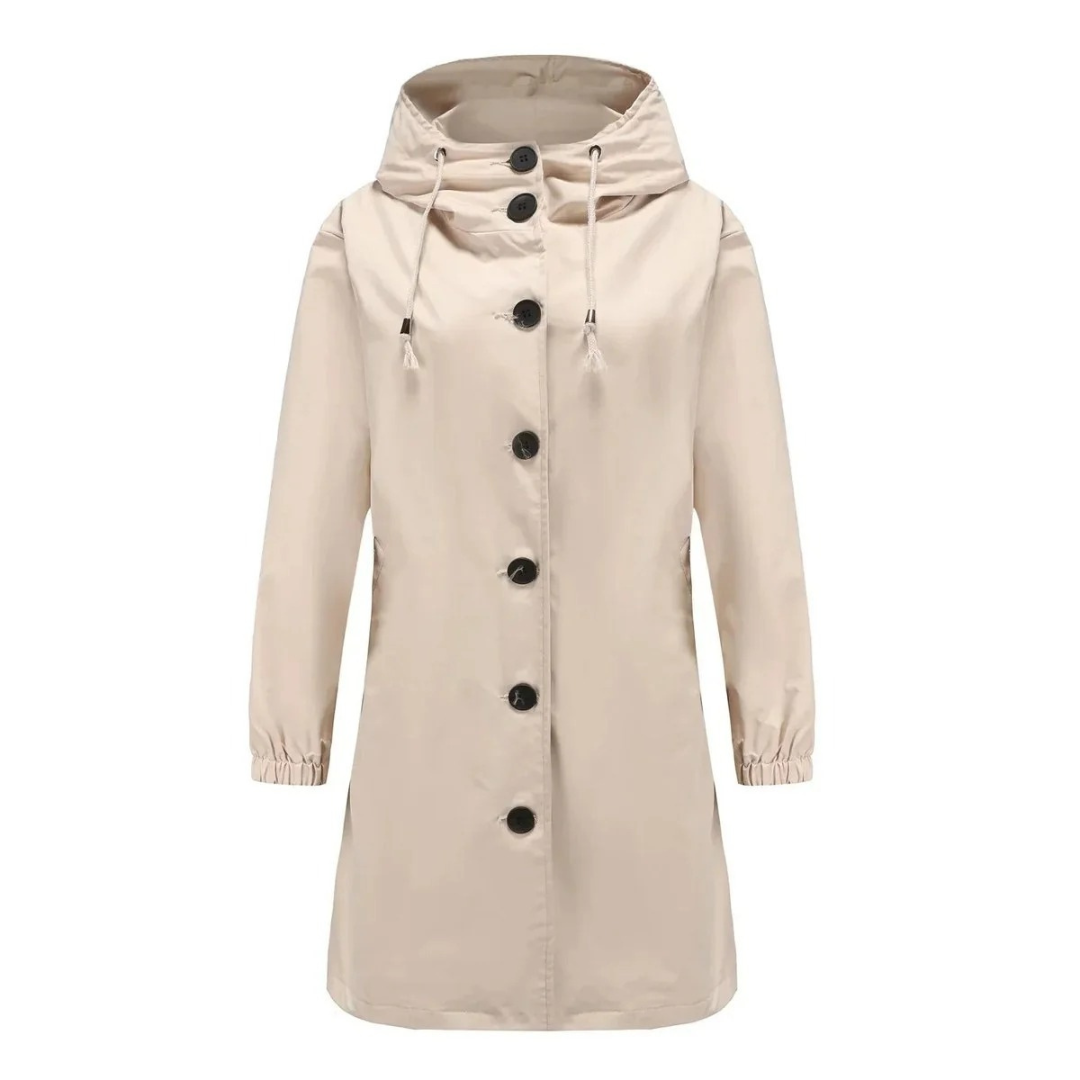 Karoline | Damen Regenjacke Wasserdicht mit Kapuze, Langer Mantel mit Taschen und Knöpfen