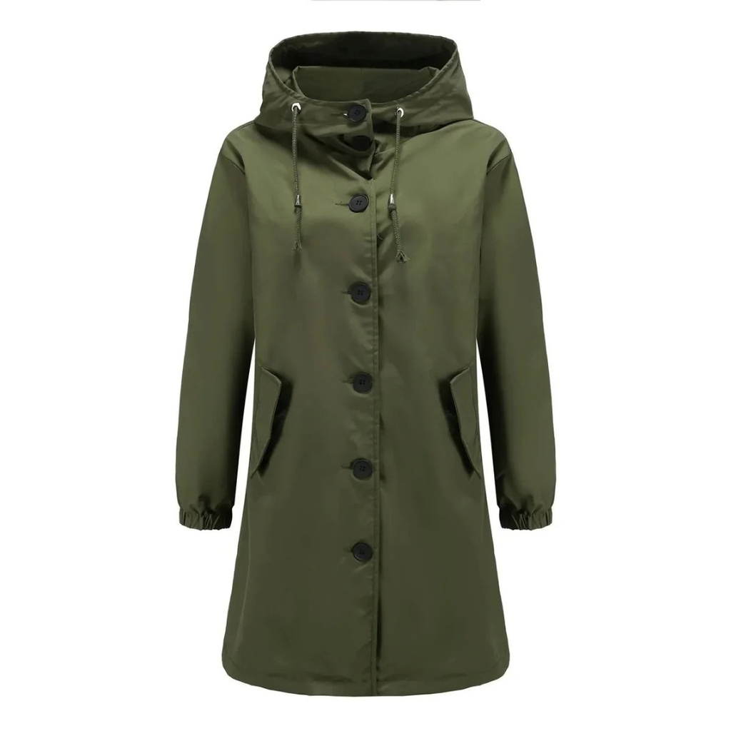 Karoline | Damen Regenjacke Wasserdicht mit Kapuze, Langer Mantel mit Taschen und Knöpfen