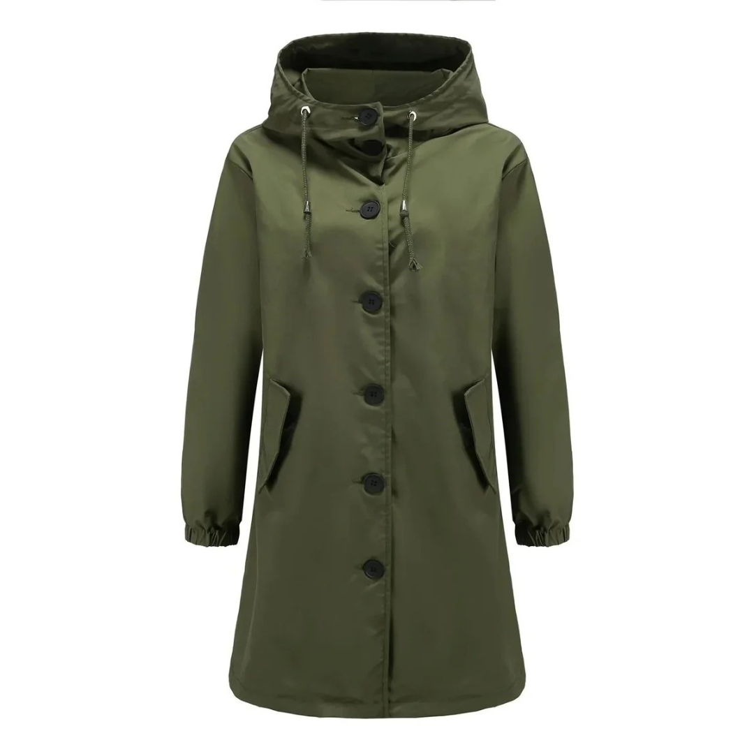Karoline | Damen Regenjacke Wasserdicht mit Kapuze, Langer Mantel mit Taschen und Knöpfen