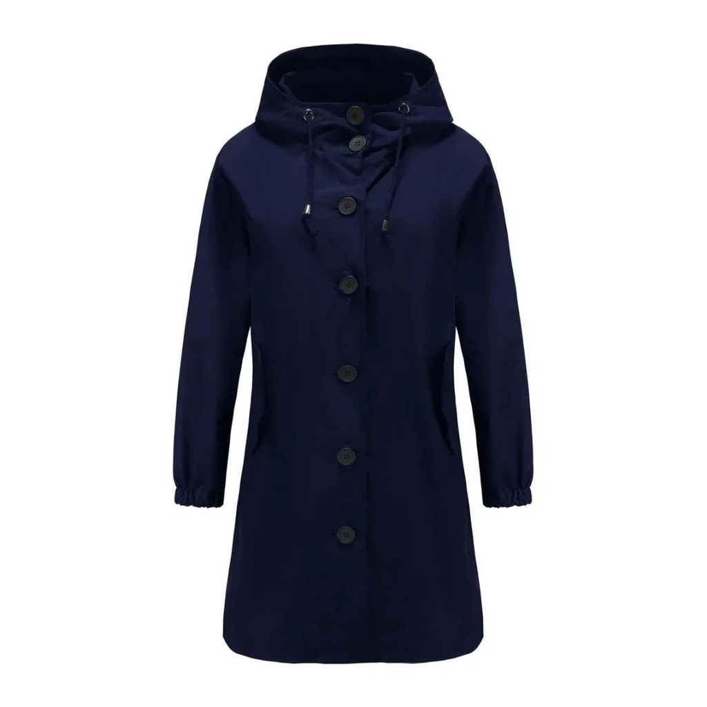 Karoline | Damen Regenjacke Wasserdicht mit Kapuze, Langer Mantel mit Taschen und Knöpfen