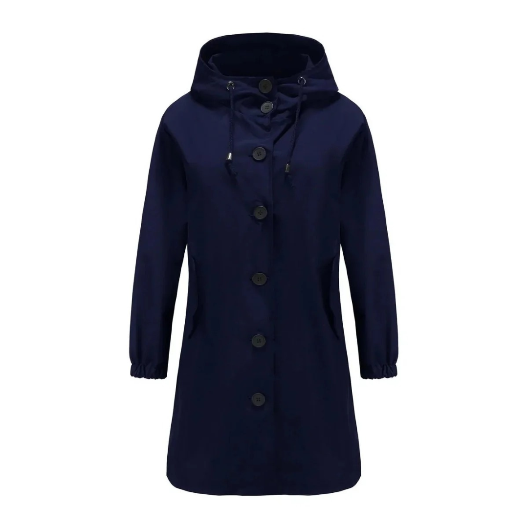 Karoline | Damen Regenjacke Wasserdicht mit Kapuze, Langer Mantel mit Taschen und Knöpfen